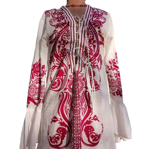 Steve Madden Retro Red Print Hippie Boho Lace Up Tunic Mini Dress Size M - Picture 3 of 10